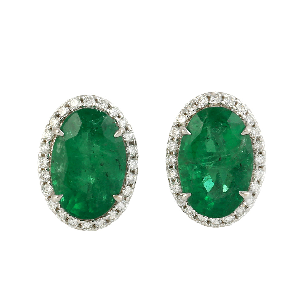Micro Pave Diamond Oval Cut Emerald Stud Earrings In 18k White Gold