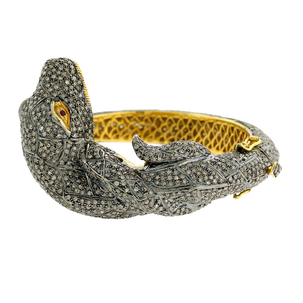 Pave Diamond Bracelet 14k Gold Silver Crocodile Bangle Handmade Jewelry