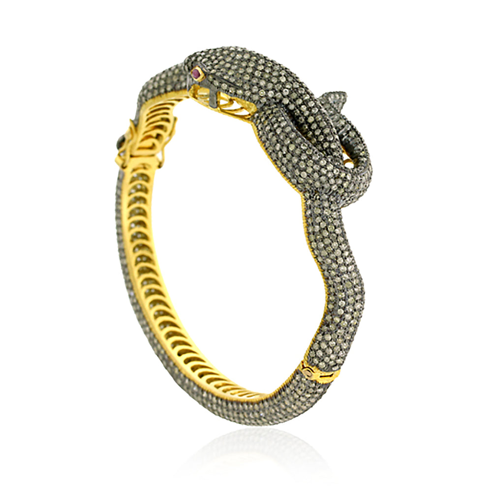 Pave Diamond & Ruby 14K Gold 925 Sterling Silver Snake Design Bangle