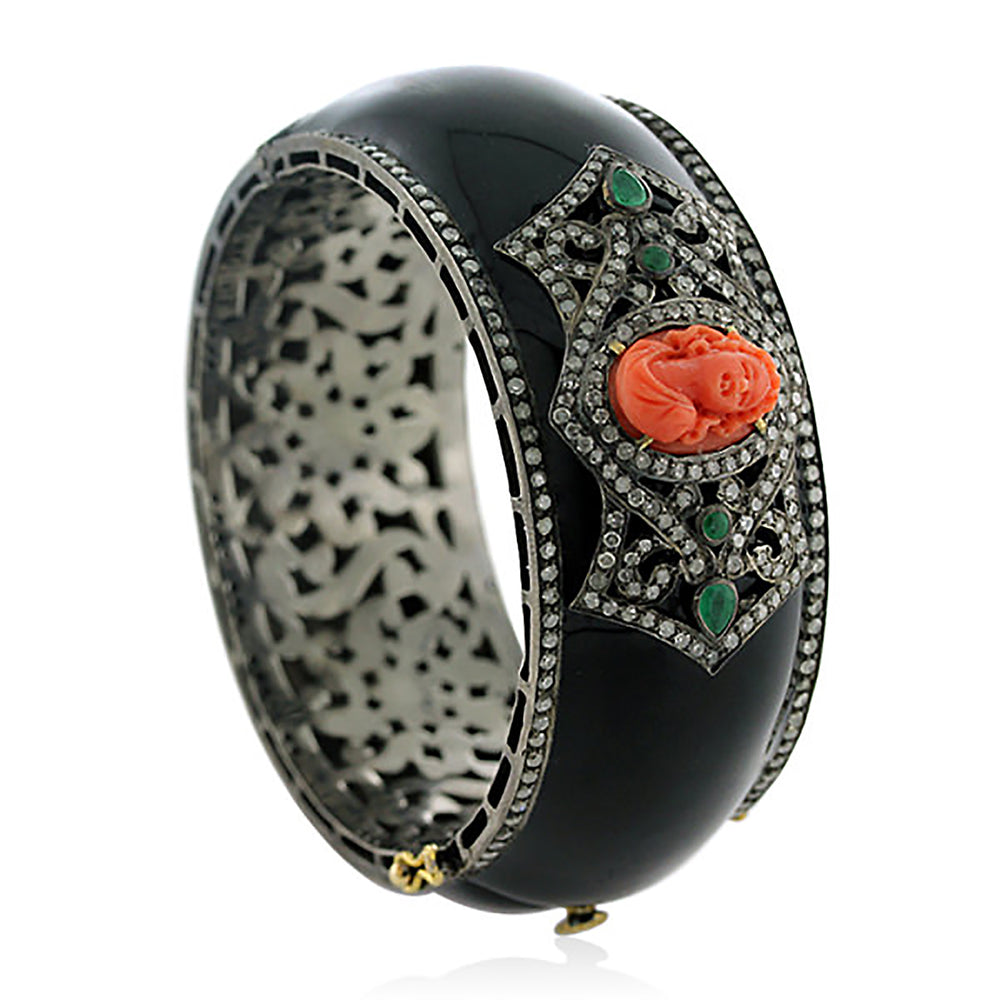 Handcarved Coral Emerald Diamond Gemstone Wide Bangle In 18k Gold Silver