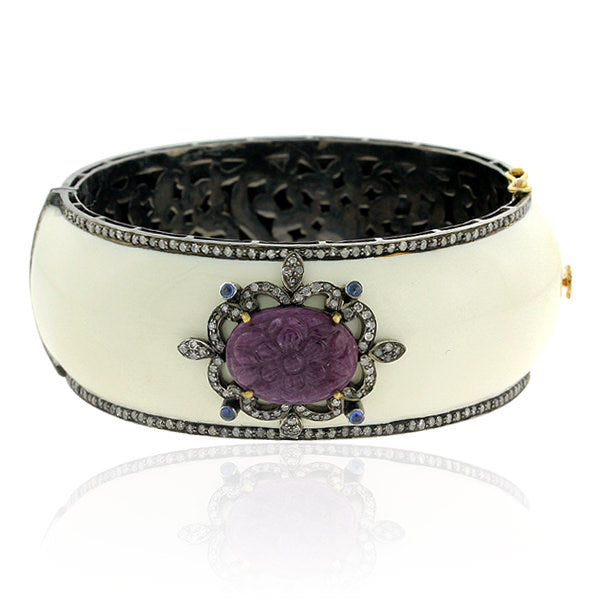 Handcarved Floral Ruby Sapphire Diamond Wide Bangle In Silver 18k Gold