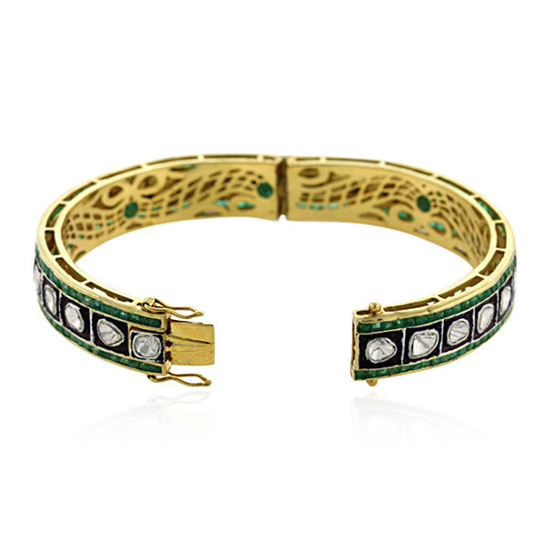 Natural Emerald Uncut Diamond 18k Yellow Gold Bangle Silver Gemstone Bangle