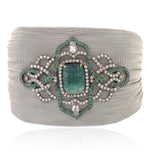 Handcarved Emerald Natural Diamond 18k Gold Silver Mesh Bangle For Gift