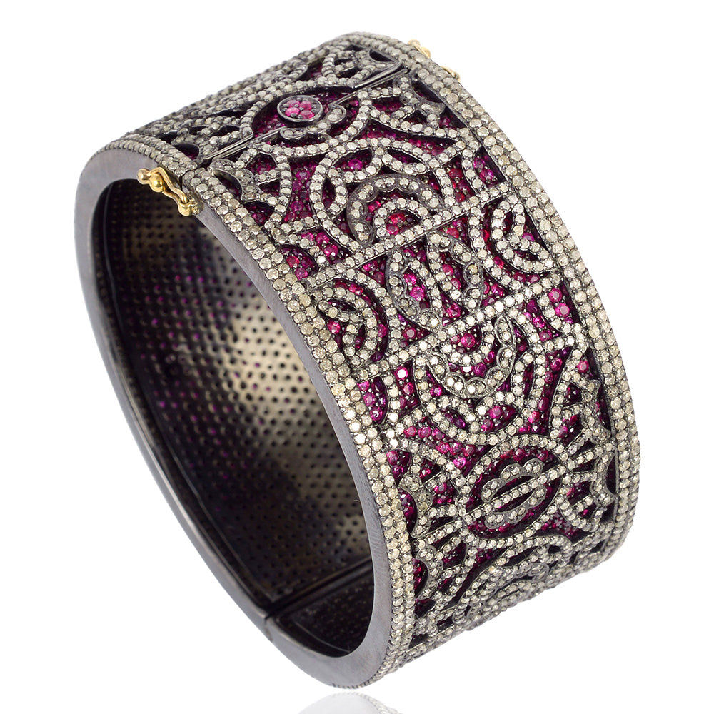 Natural Pave Ruby Diamond 925 Silver Gold Wide Wedding Bangle Gift