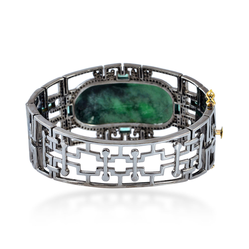 Carved Jade Emerald Pave Diamond 925 Silver Gold Bangle
