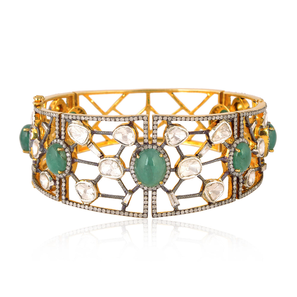 Emerald Pave Diamond Designer wide Bangle Wedding Gift 18k Gold Jewelry