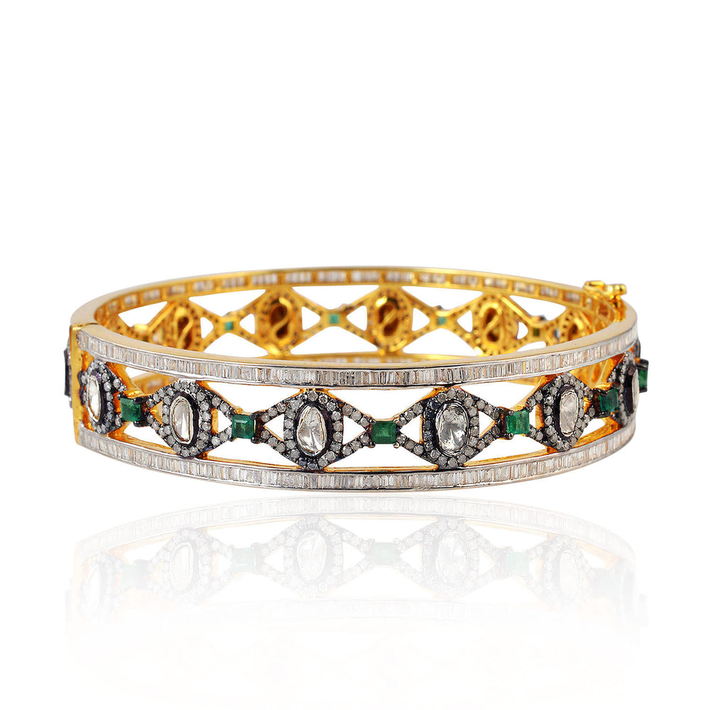 Uncut Diamond Naturral Emerald Elegant Wedding Bangle In 18k Gold Silver Gift
