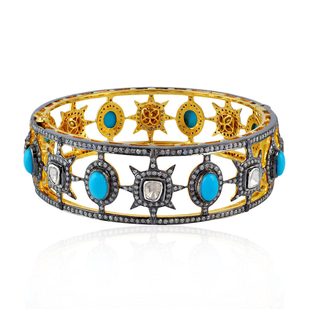 Natural Turquoise Pave Uncut Diamond 18k Gold Silver Bangle For Her