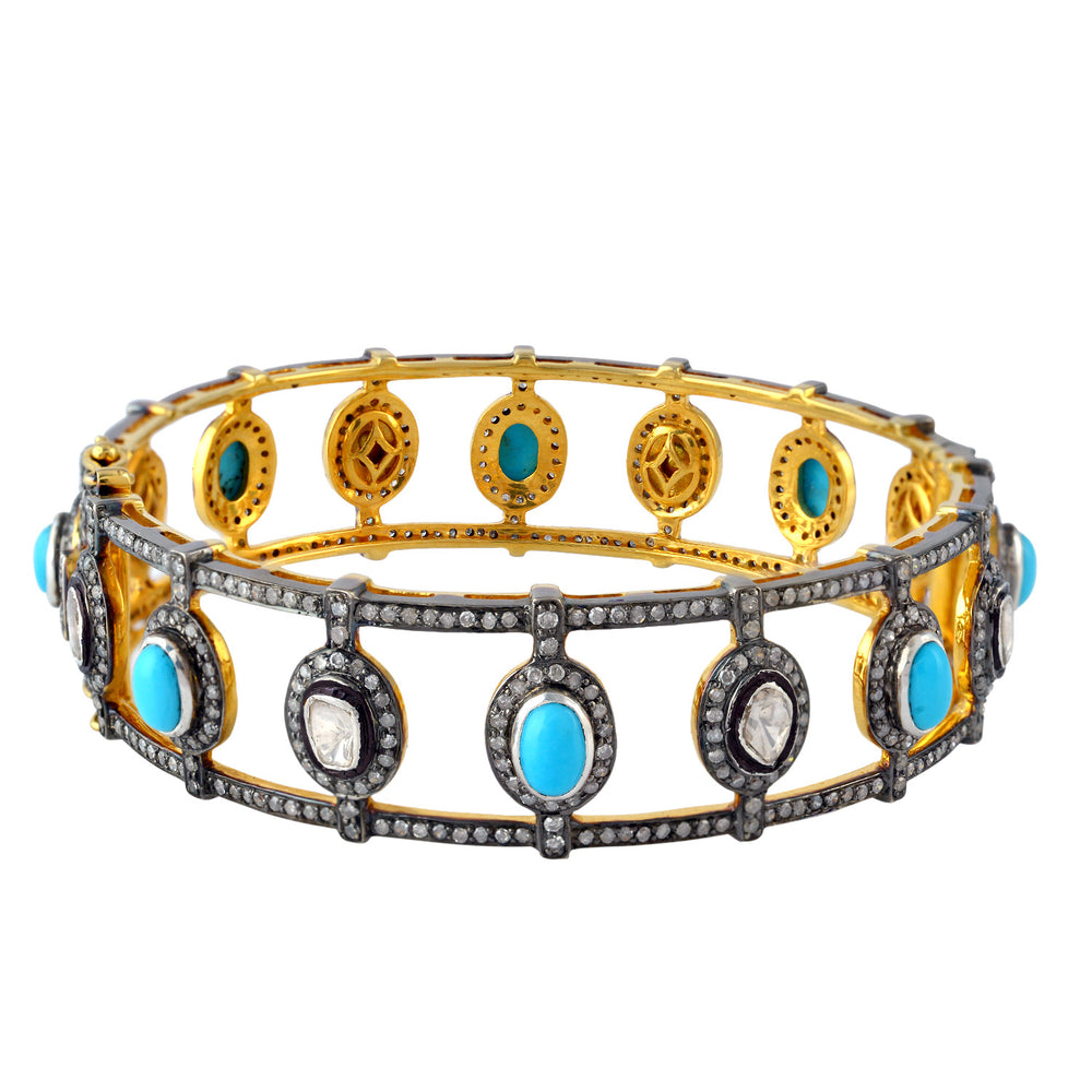 Bezel Set Turquoise Uncut Diamond Pave Bangle In 18k Gold Silver Handmade Jewelry