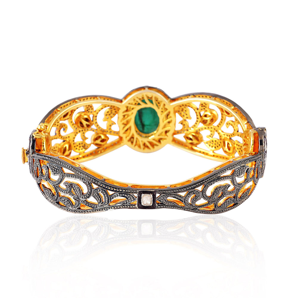 Natural Emerald Uncut Diamond Heavy Bangle Bracelet In 18k Gold Silver