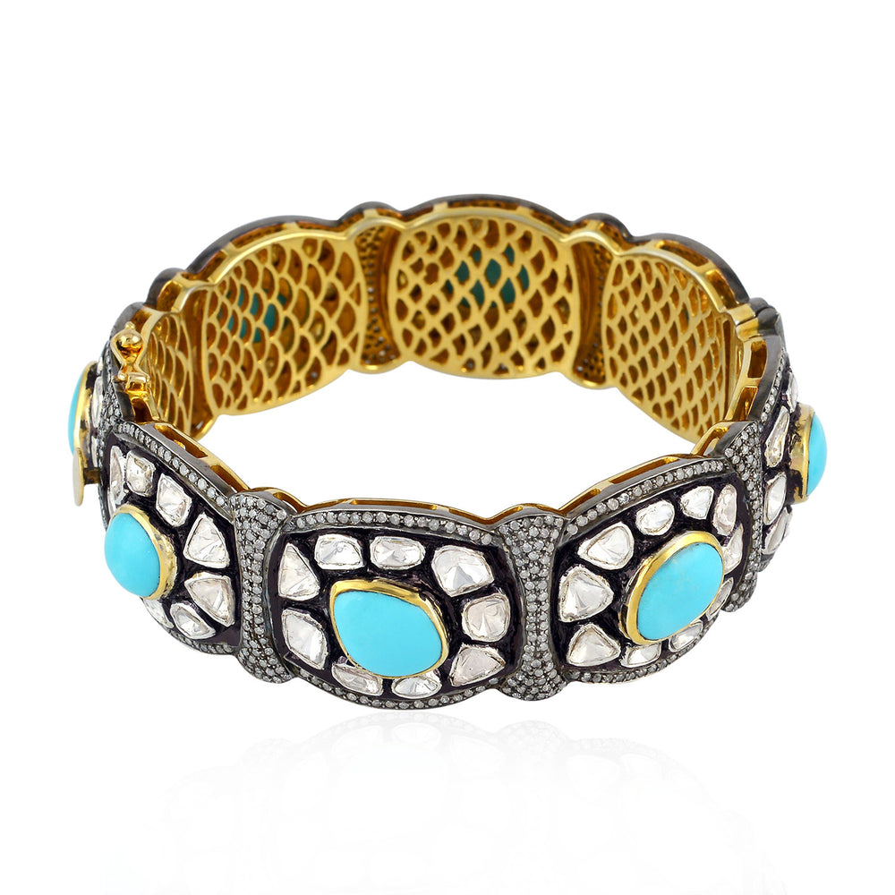 18k Gold Silver Bezel Set Turquoise Uncut Diamond Pave Bangle Handmade Jewelry