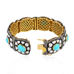 Uncut Rose Cut Diamond Turquoise Wide Bangle In Sterling Silver Gold