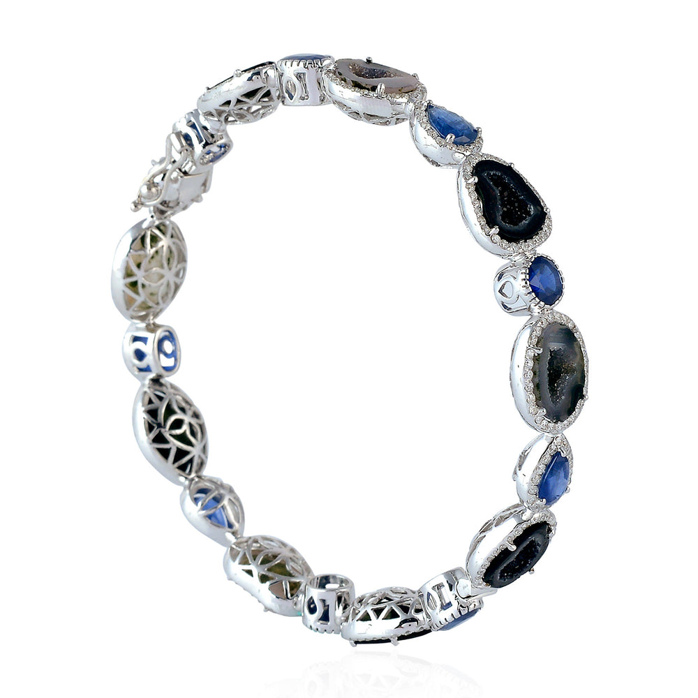 Blue Sapphire Geode Pave Diamond 18k White Gold Elegant Bracelet Bangle