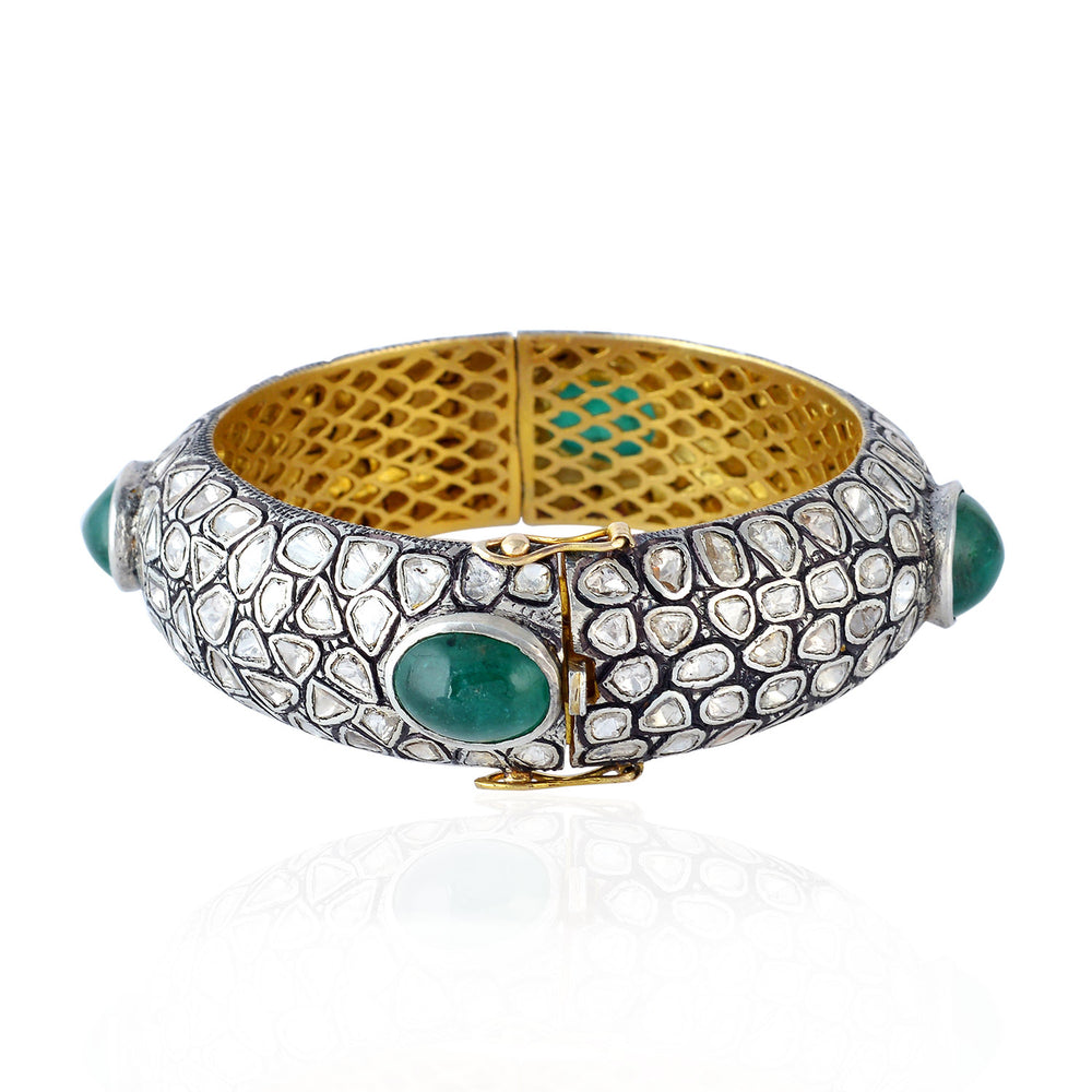 Uncut Diamond Emerald Wide Antique Wedding Bangle In 14k Gold Silver