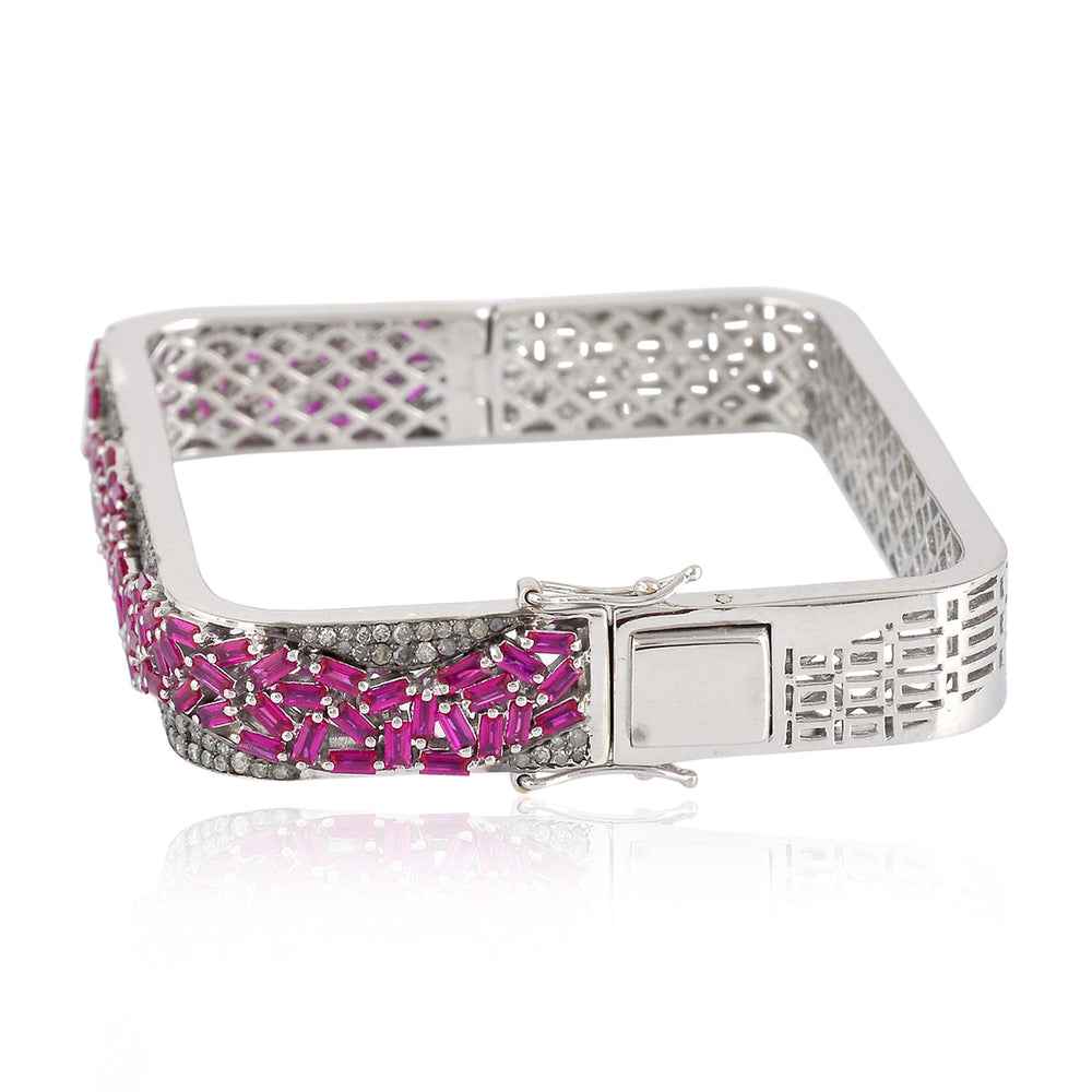 Pave Diamond Tapered Baguette Ruby 18K Gold 925 Silver Bangle Bracelet Jewelry