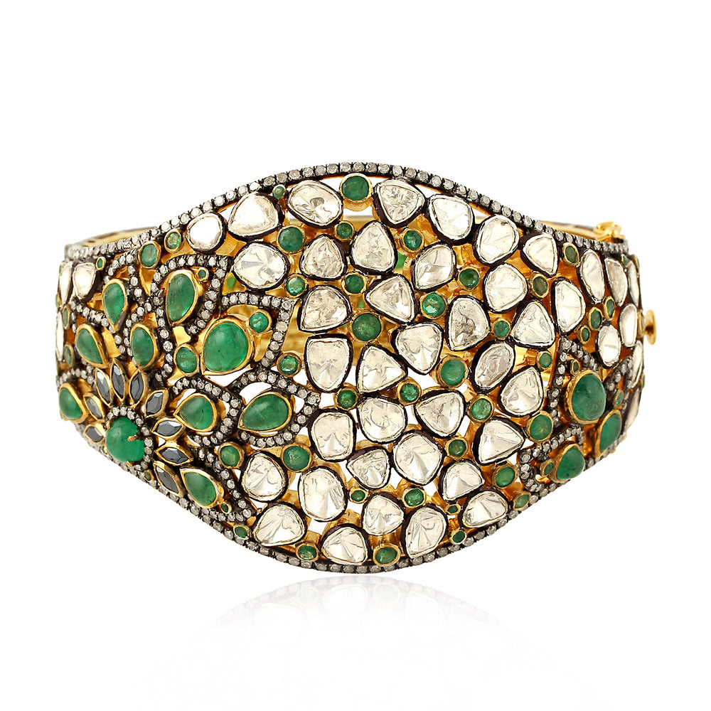 Uncut Rose Cut Diamond, Emerald & Spinel 18k Gold Silver Bangle Bracelet Jewelry