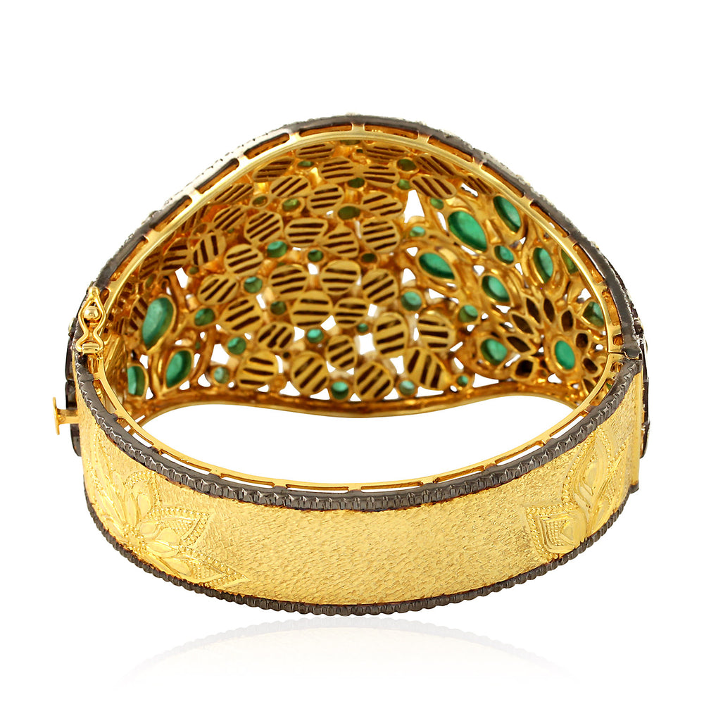 Bezel Set Pear Cut Emerald Uncut Diamond 18k Gold Silver Designer Bangle For Her