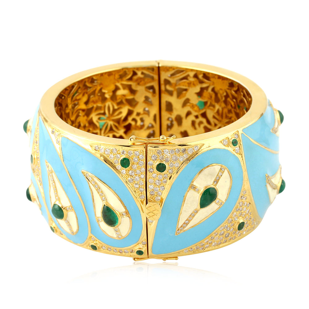 18k Yellow Gold Silver Bezel Set Emerald Unique Design Bangle For Her