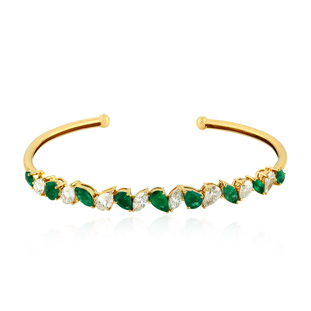 Genuine Diamond Emerald Gemstone Yellow Gold Cuff Bracelet For Women