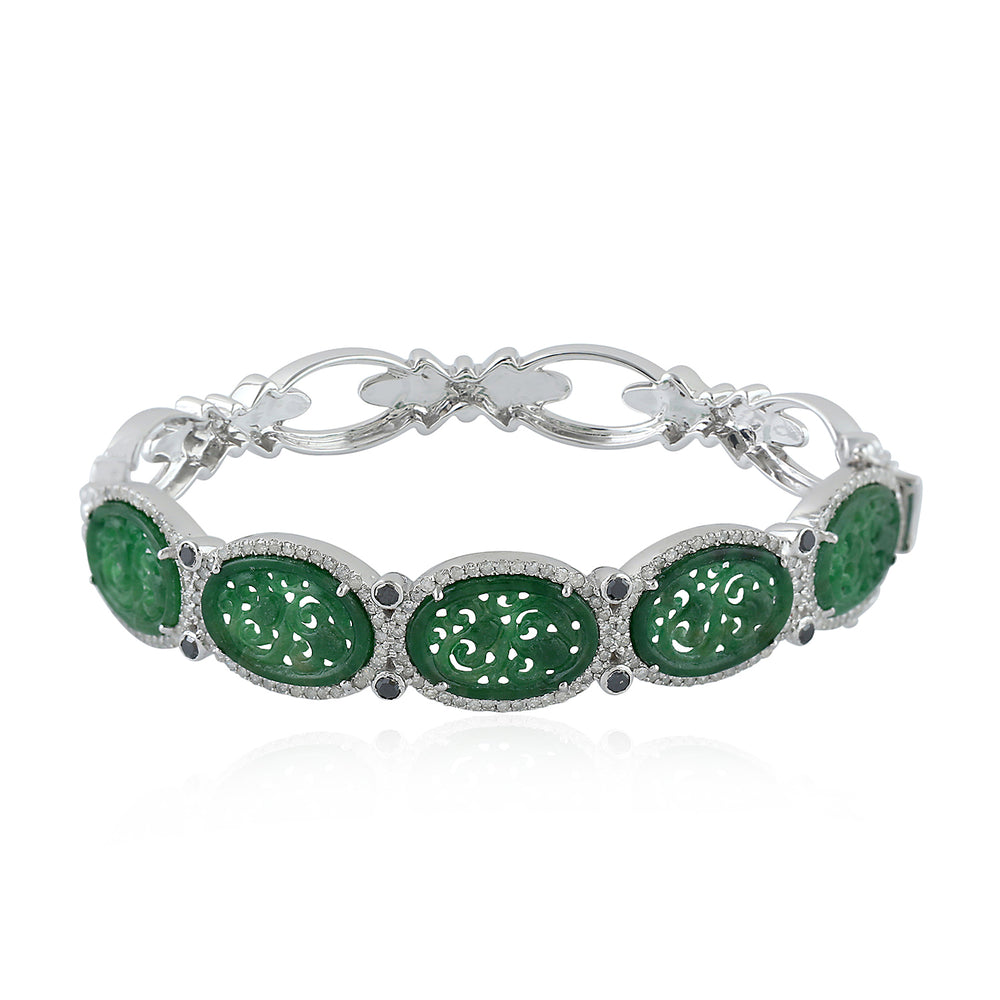 Natural Carved Jade Pave Diamond Bangle 925 Sterling Silver 18K White Gold Jewelry