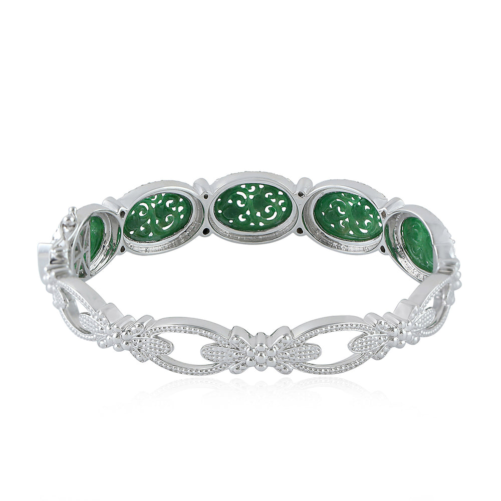 Natural Carved Jade Pave Diamond Bangle 925 Sterling Silver 18K White Gold Jewelry