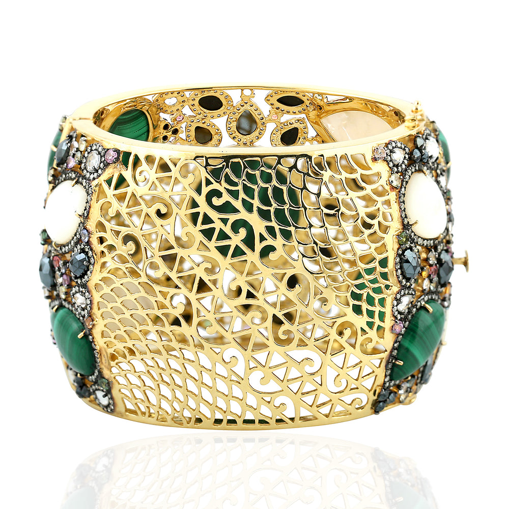 Beautiful Malachite MOP Spinel Sapphire Diamond Wide Bangle Jewelry In Gold Silver