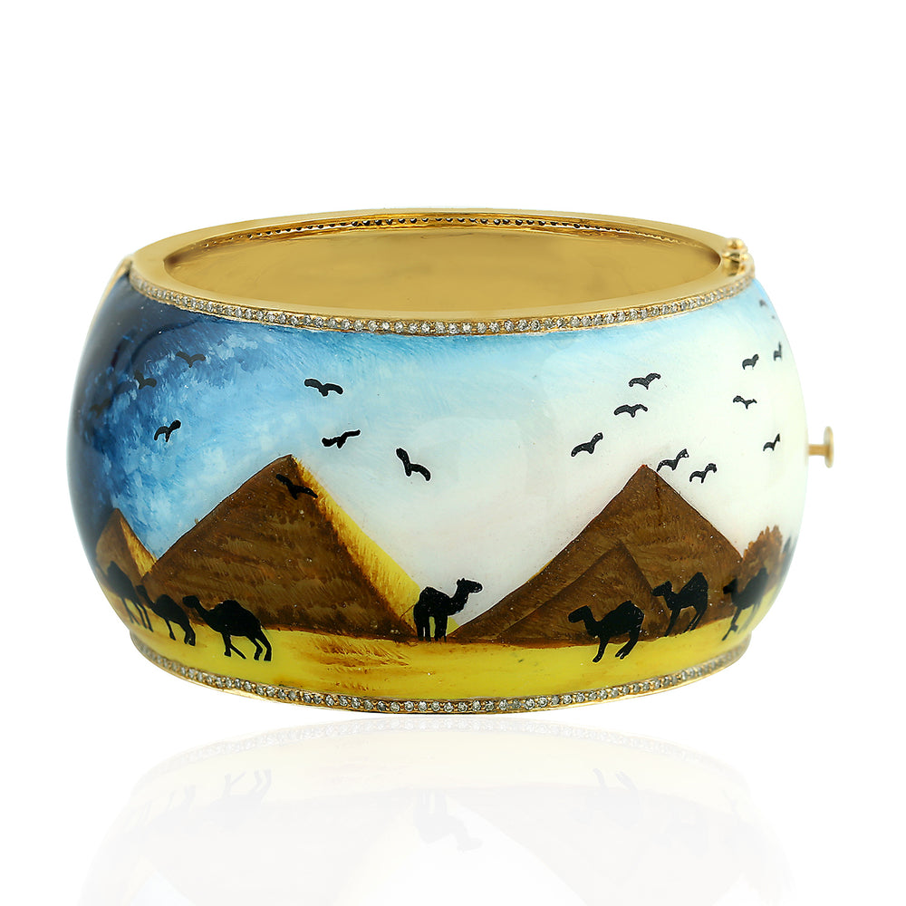 18K Yellow Gold 925 Sterling Silver Picture Enamel Pave Diamond Bangle Jewelry