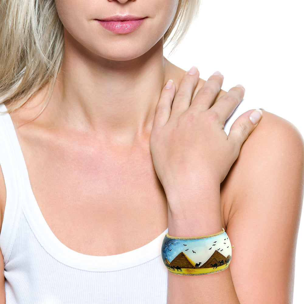 18K Yellow Gold 925 Sterling Silver Picture Enamel Pave Diamond Bangle Jewelry