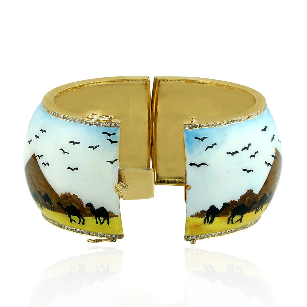 18K Yellow Gold 925 Sterling Silver Picture Enamel Pave Diamond Bangle Jewelry