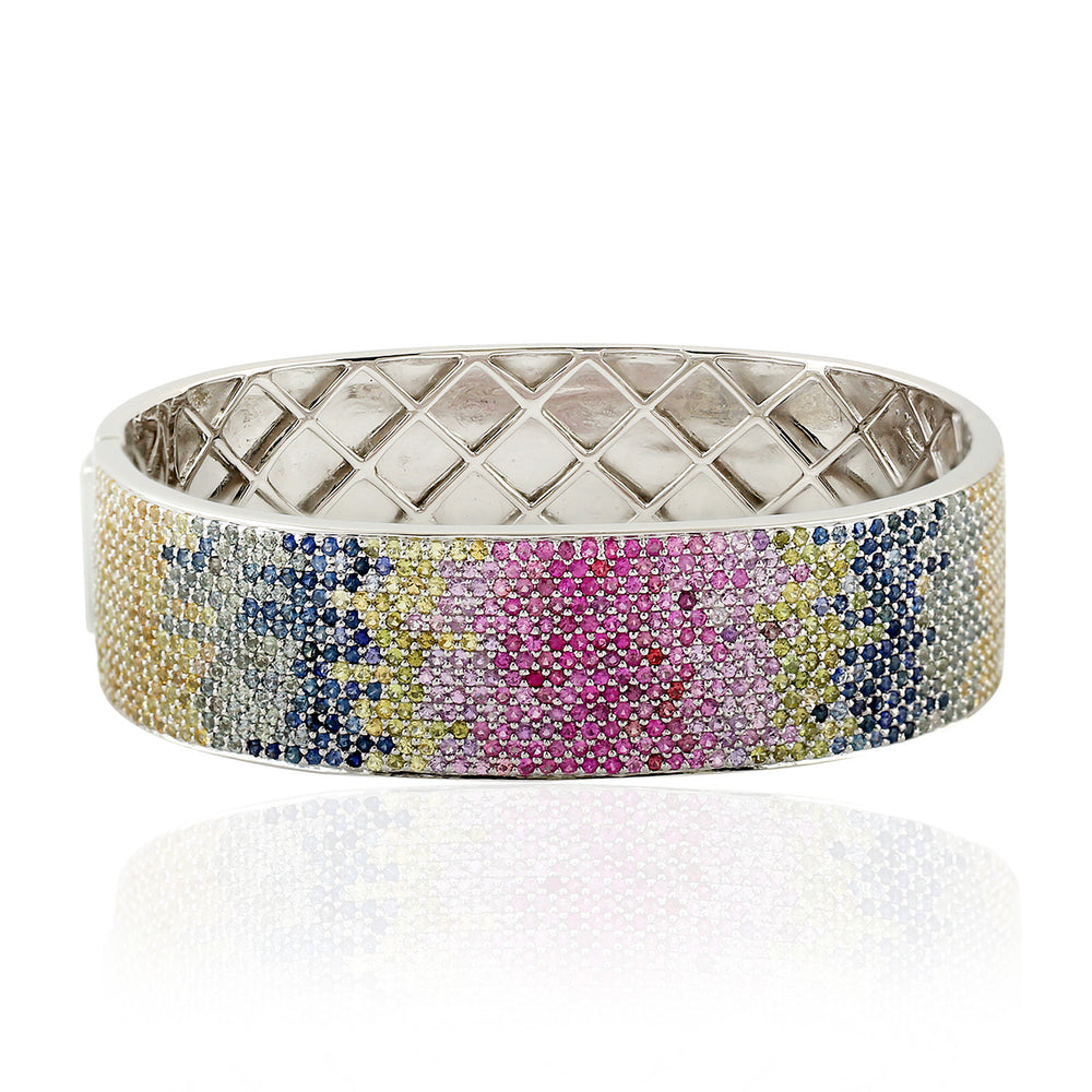 Multicolor Pave Sapphire Wide Bangle Wedding gift In 925 Sterling Silver