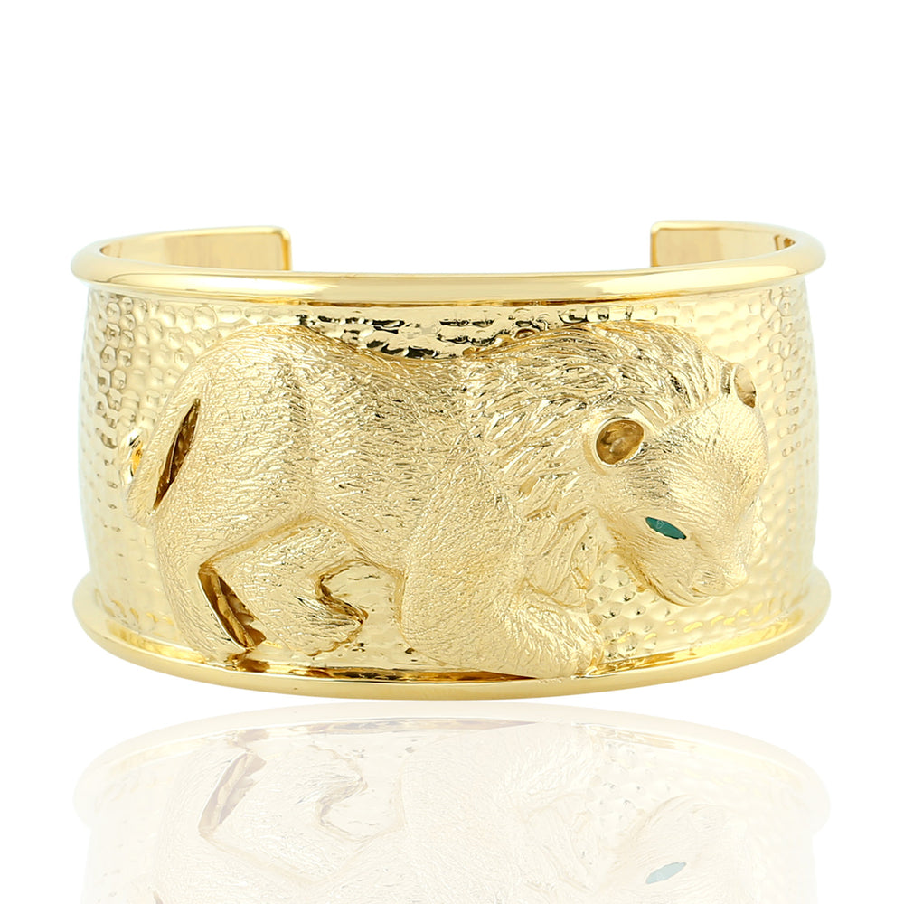 Handcarved Lion 925 Silver Emerald Wide Bangle For Her
