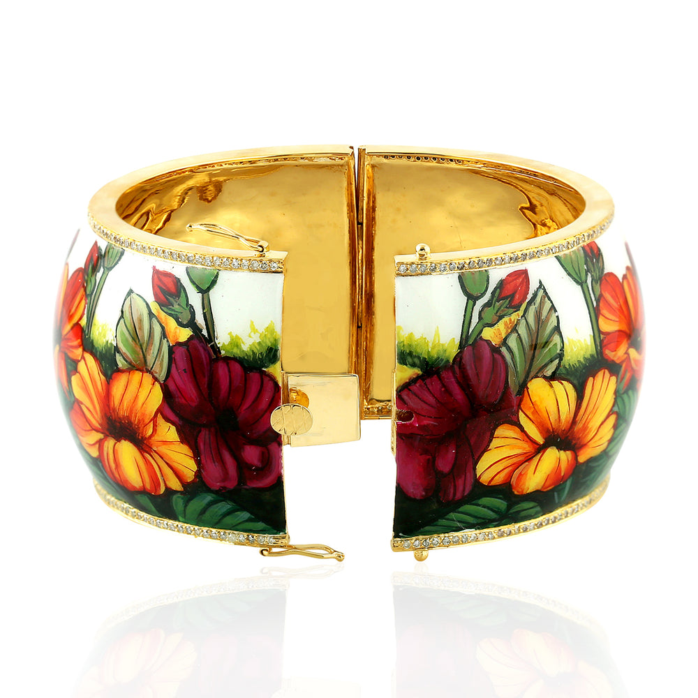 Handpainted Flower Design Wide 18k Gold Silver Diamond jewelry