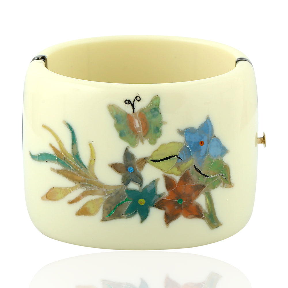18k Gold & Sterling Silver Flower Leaf Butterfly Design Bakelite Bangle Jewelry For Her