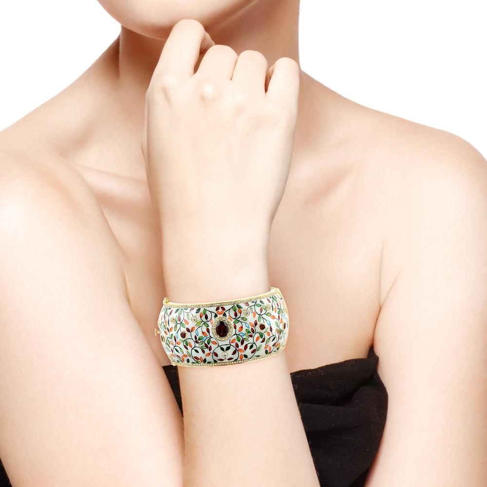 Handpainted Leaf Desin Garnet Diamond Wide Bangle For Women