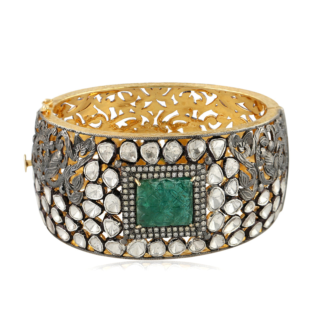Uncut Diamond Emerald Carved Wide Bangle For Wedding Gift