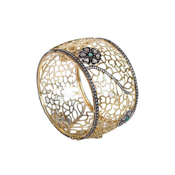 Emerald Rose Cut Diamond 14k Gold Bangle 925 Sterling Silver Gift Jewelry