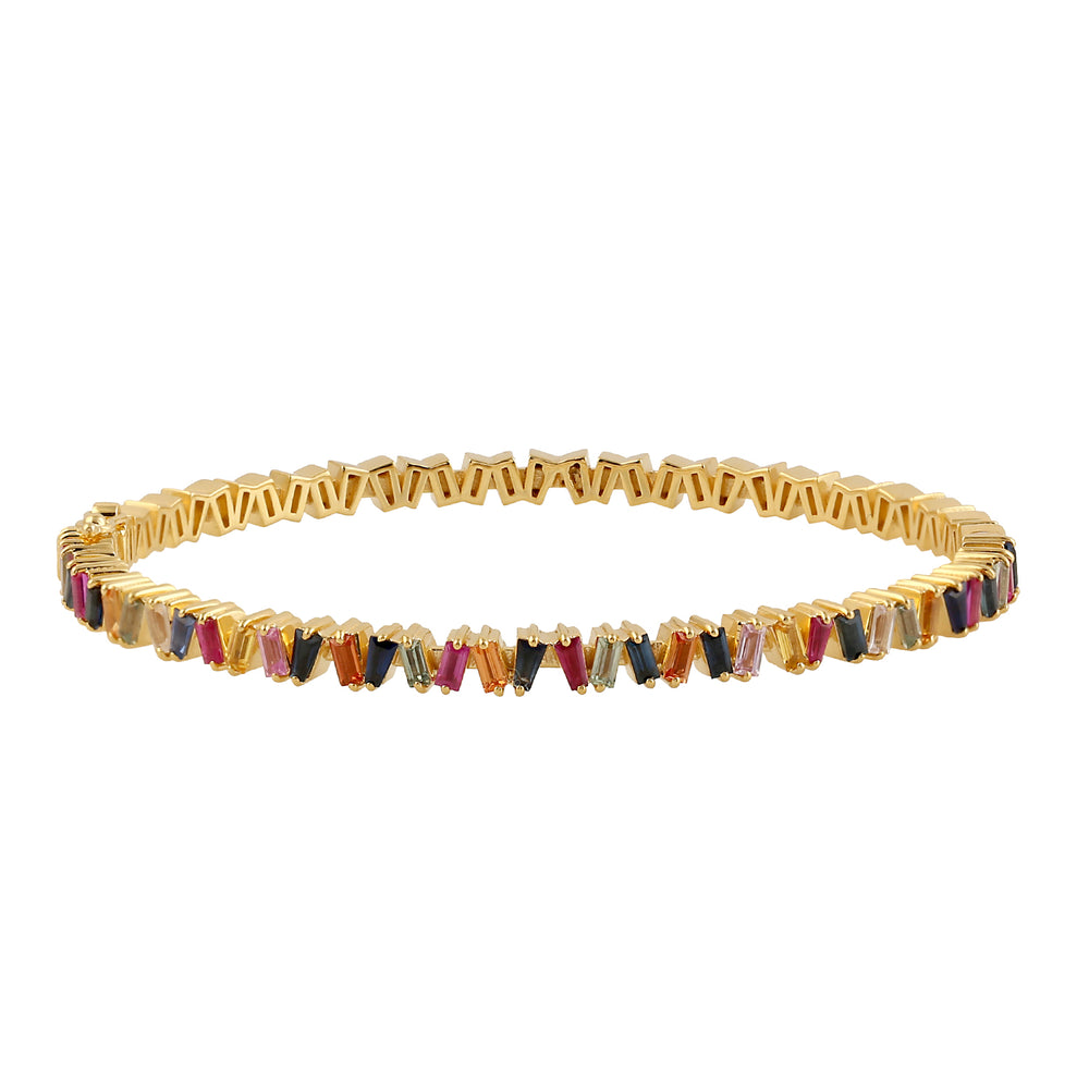 Baguette Mulricolor Sapphire,Ruby Sleek Bangle Bracelet Jewelry Set In 18k Yellow Gold