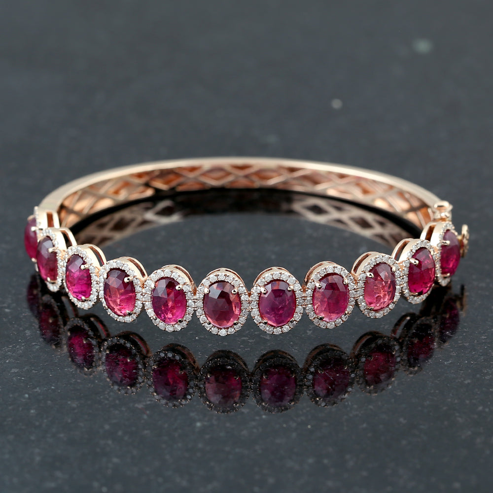 Oval Pink Tourmaline & Pave Diamond classy Bangle In 14k Rose Gold For Her