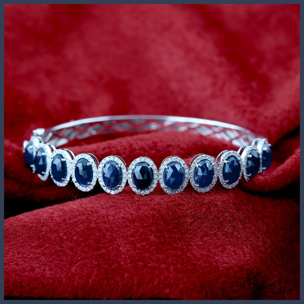 14k White Gold Natural Blue Sapphire & Pave Diamond Bangle Bracelet For Her