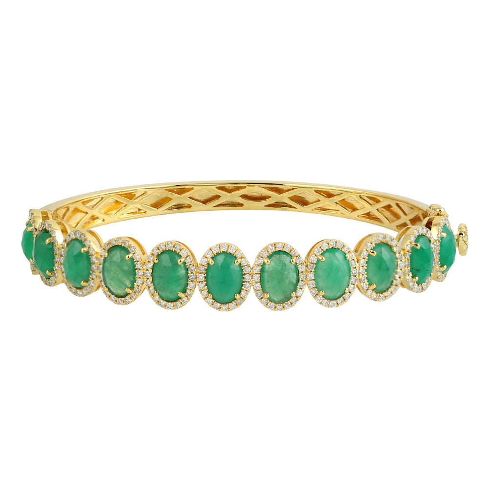 Prong Set Natural Emerald Pave Diamond 14k Yellow Gold Bangle For Women