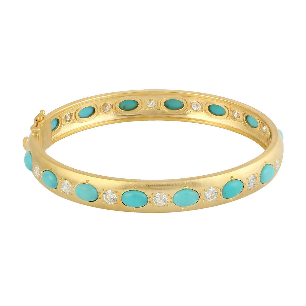 Natural Turquoise Diamond Yellow Gold Bangle 14k For Her