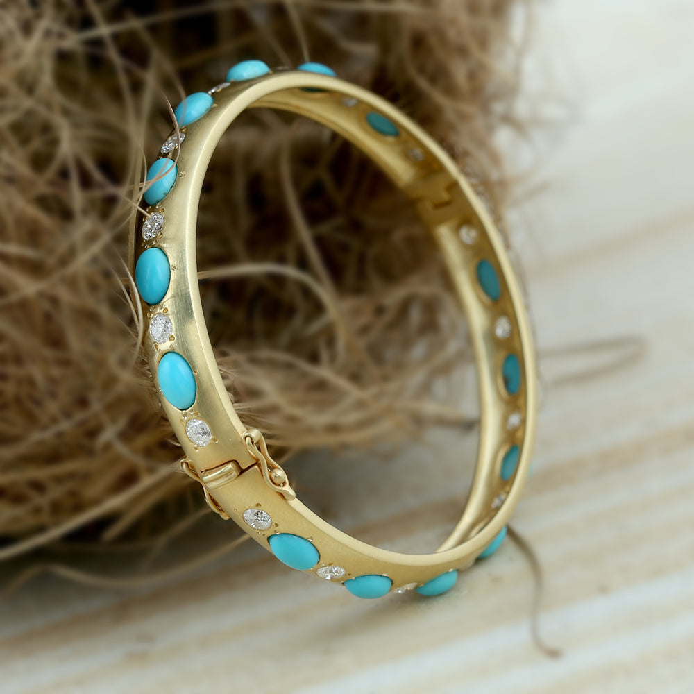 Turquoisr Diamond Solid 14k Yellow Gold Bangle For Women