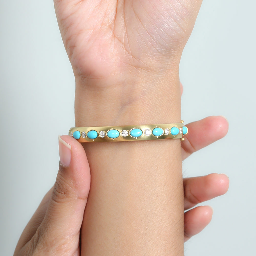 Turquoisr Diamond Solid 14k Yellow Gold Bangle For Women