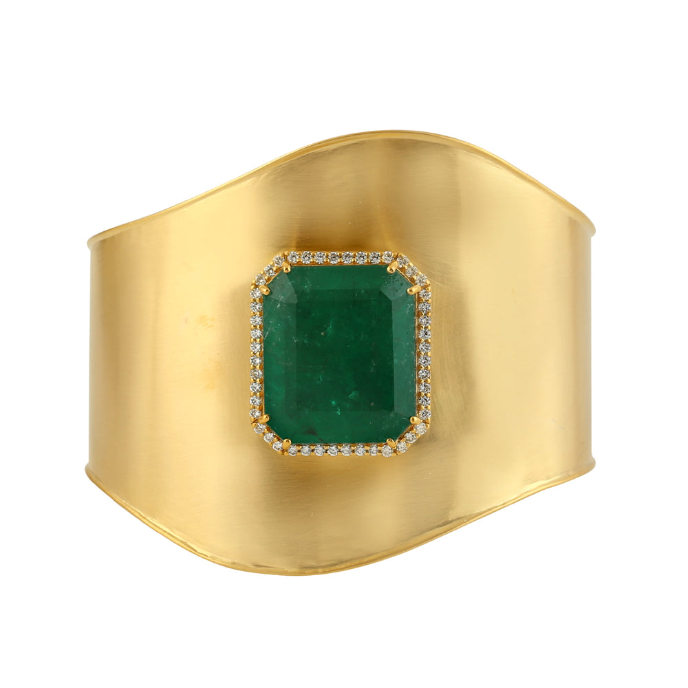 Octagon Emerald Micro pave Diamond 18k Yellow Gold Wide Cuff Statement Bangle