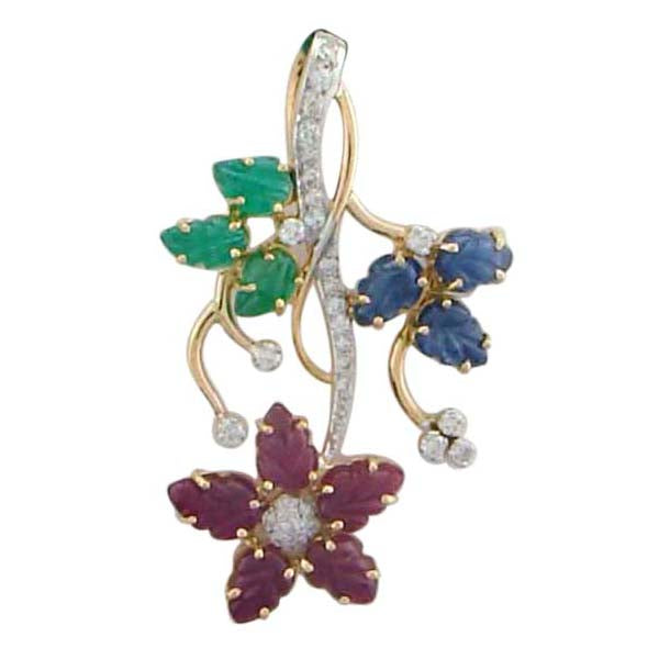 Ruby Sapphire Emerald Pave Diamond Solid Gold Designer Pendant Jewelry