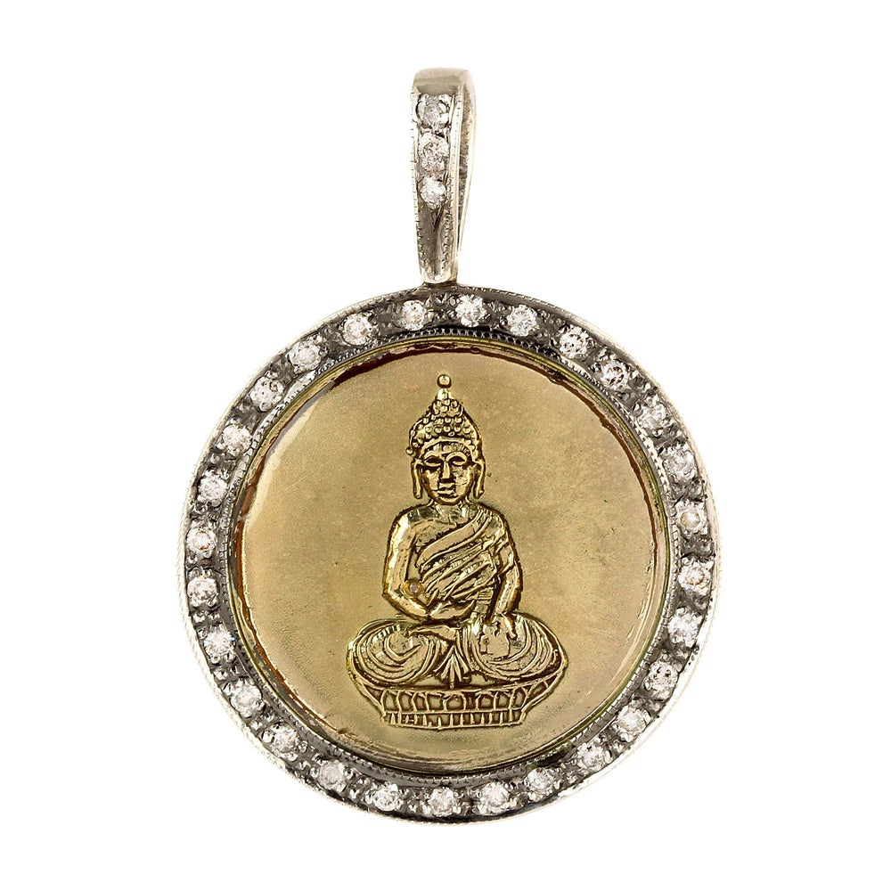 Buddha Disc Pendant Studded Diamond Gold Plated 925 Sterling Silver Jewelry Gift