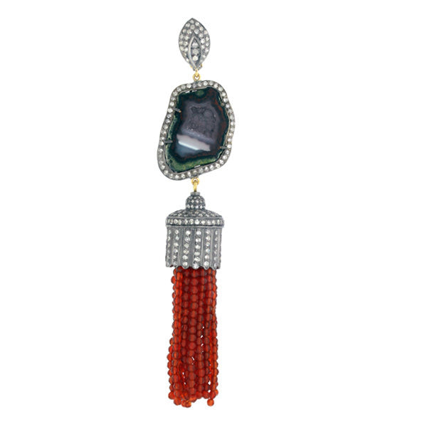 Natural Geode Agate Pave Diamond Tassel 925 Silver 18k Gold Jewelry