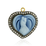 Pave Diamond Natural Cameo Love Couple Heart Charm Pendant In 925 Silver Gold