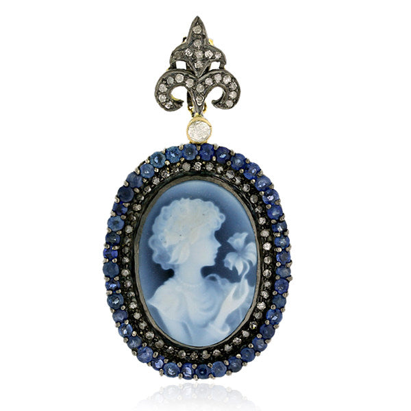 Natural Pave Blue Sapphire Diamond Cameo Victorian Jewelry in 925 Silver 18k Gold