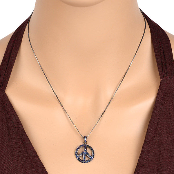 Pave Blue Sapphire Peace Sign Charm pendant In Sterling Silver For Gift
